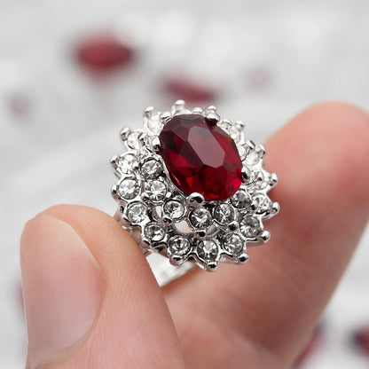 Vintage Ruby and Clear Austrian Crystal Cocktail Ring - 18kt White Gold Electroplated jewelry image 1