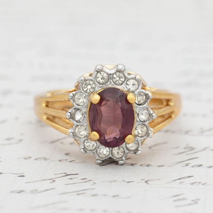 Vintage Amethyst and Clear Austrian Crystal Birthstone Ring - 18kt HGE Gold Electroplated, Made in USA jewelry image 1