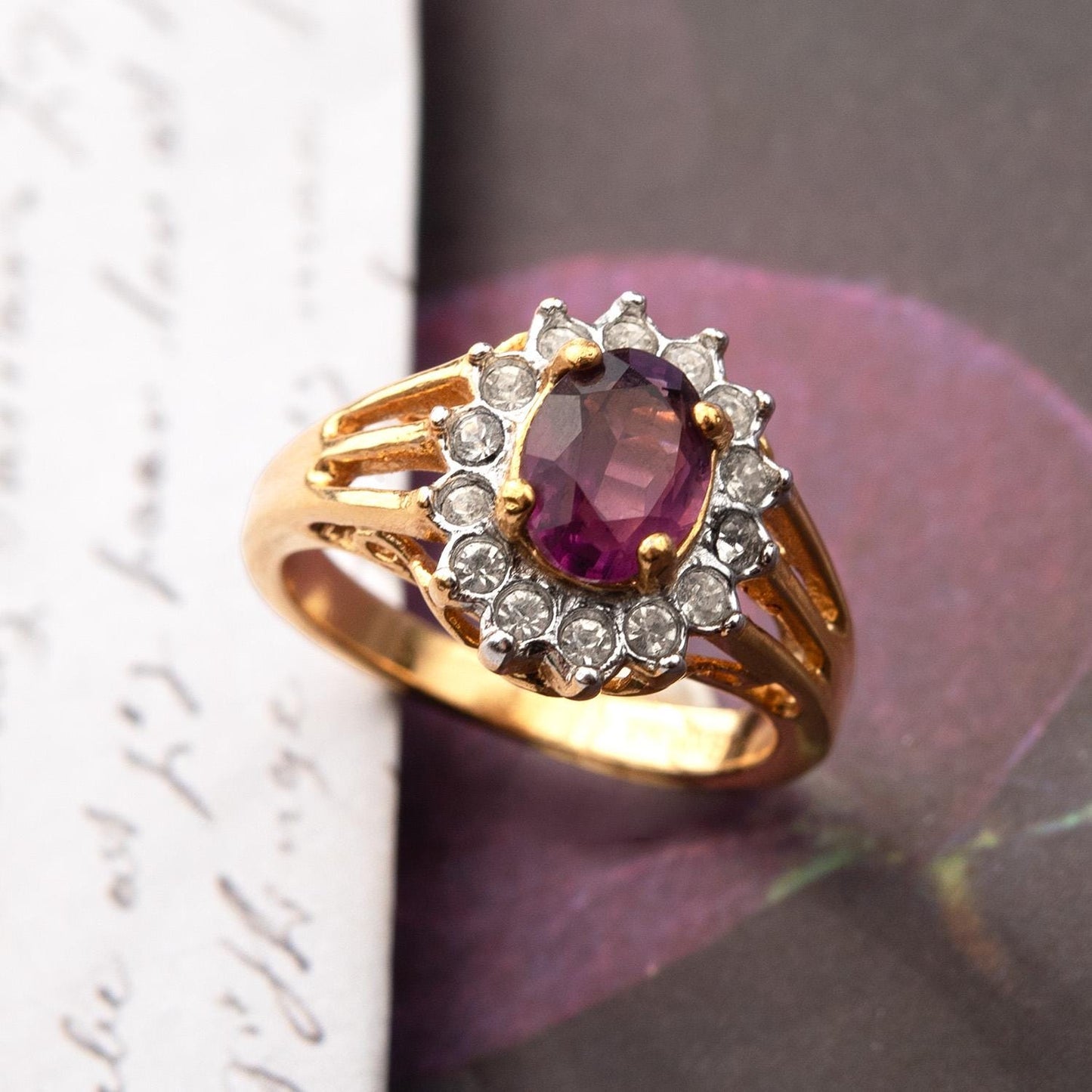 Vintage Amethyst and Clear Austrian Crystal Birthstone Ring - 18kt HGE Gold Electroplated, Made in USA jewelry image 1