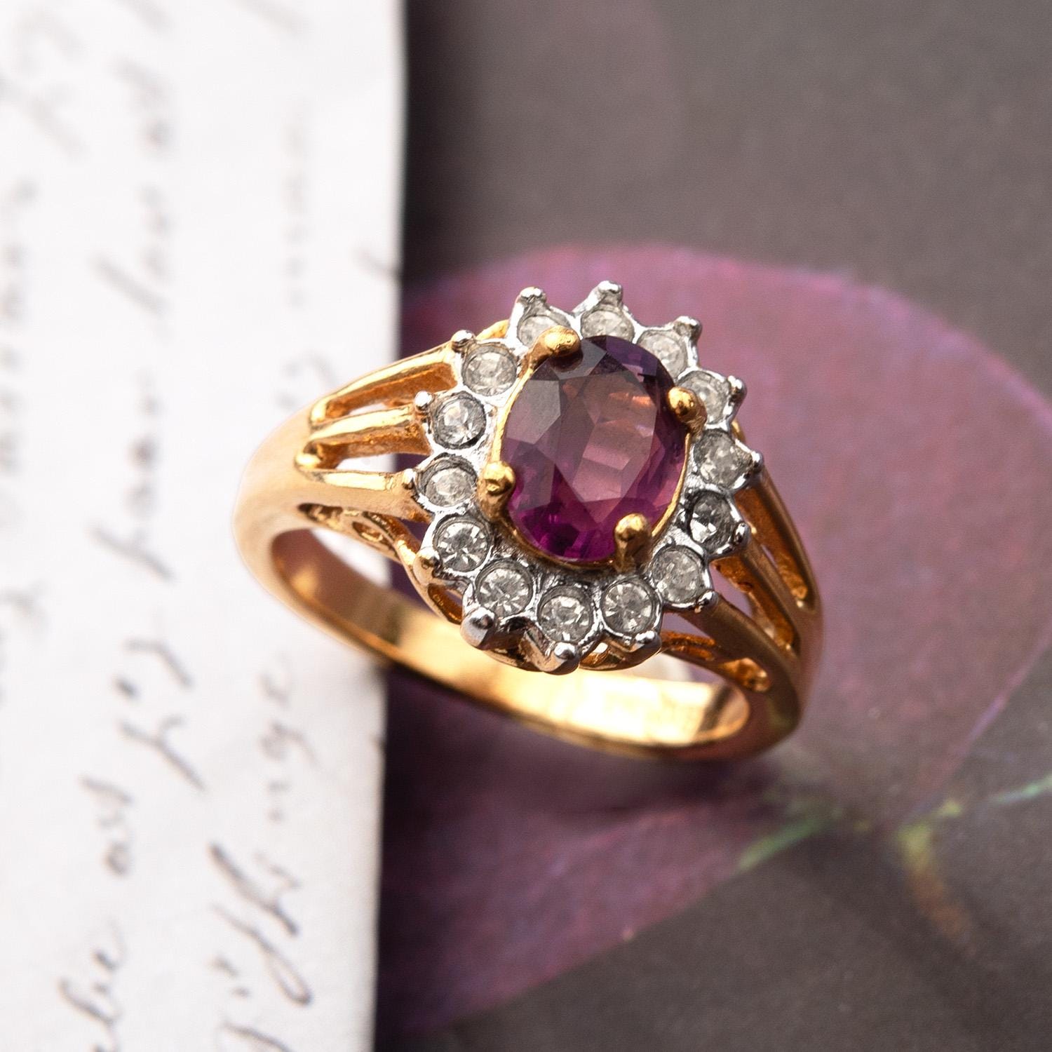 Vintage Amethyst and Clear Austrian Crystal Birthstone Ring - 18kt HGE Gold Electroplated, Made in USA jewelry image 1