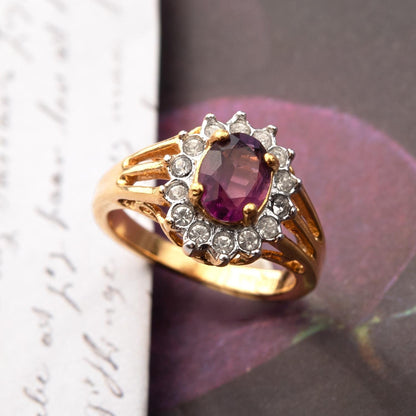 Vintage Amethyst and Clear Austrian Crystal Birthstone Ring - 18kt HGE Gold Electroplated, Made in USA jewelry image 1