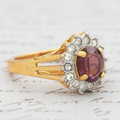 Vintage Amethyst and Clear Austrian Crystal Birthstone Ring - 18kt HGE Gold Electroplated, Made in USA jewelry image 1