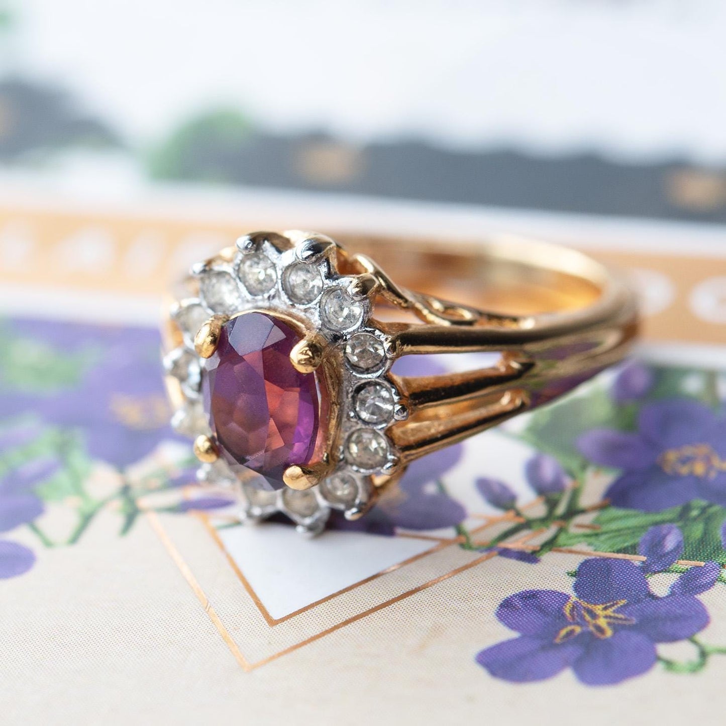Vintage Amethyst and Clear Austrian Crystal Birthstone Ring - 18kt HGE Gold Electroplated, Made in USA jewelry image 1