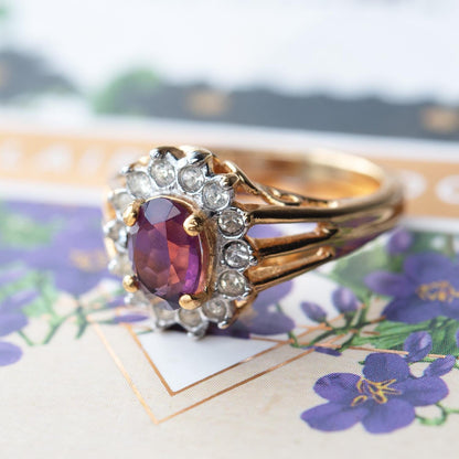 Vintage Amethyst and Clear Austrian Crystal Birthstone Ring - 18kt HGE Gold Electroplated, Made in USA jewelry image 1