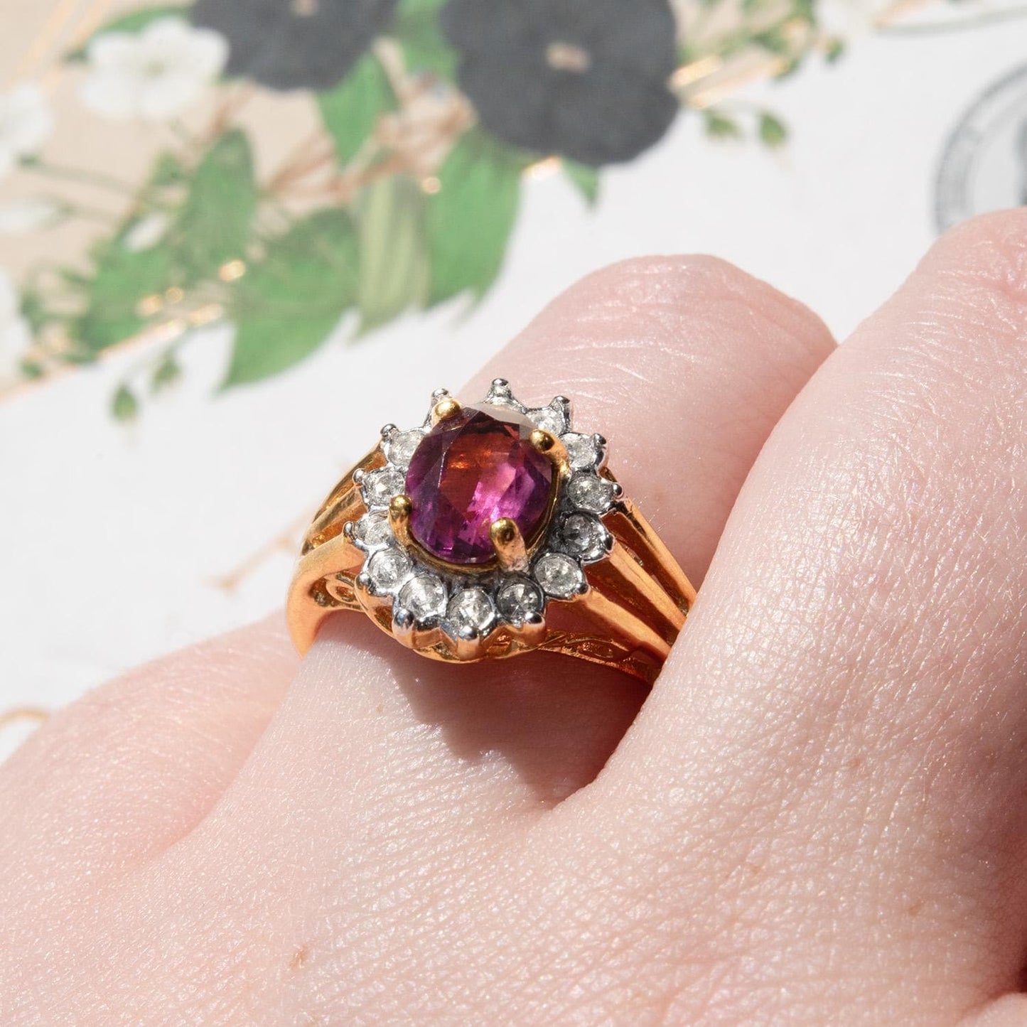 Vintage Amethyst and Clear Austrian Crystal Birthstone Ring - 18kt HGE Gold Electroplated, Made in USA jewelry image 1