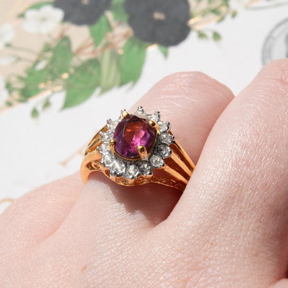 Vintage Amethyst and Clear Austrian Crystal Birthstone Ring - 18kt HGE Gold Electroplated, Made in USA jewelry image 1