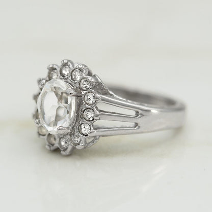 Vintage Clear Austrian Crystal Halo Ring - 18kt White Gold Electroplated, Made in USA jewelry image 1
