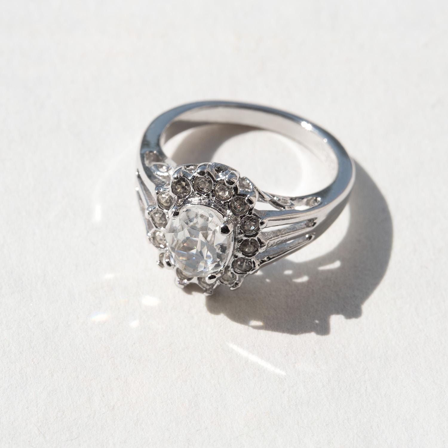 Vintage Clear Austrian Crystal Halo Ring - 18kt White Gold Electroplated, Made in USA jewelry image 1