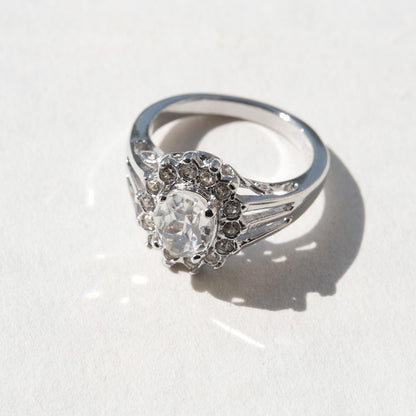 Vintage Clear Austrian Crystal Halo Ring - 18kt White Gold Electroplated, Made in USA jewelry image 1