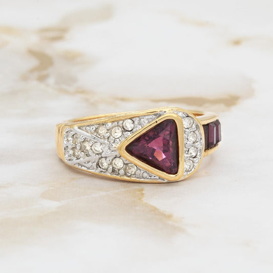 Vintage Amethyst and Clear Crystal Pavé Ring - 18kt HGE Gold Electroplated - Made in USA jewelry image 1
