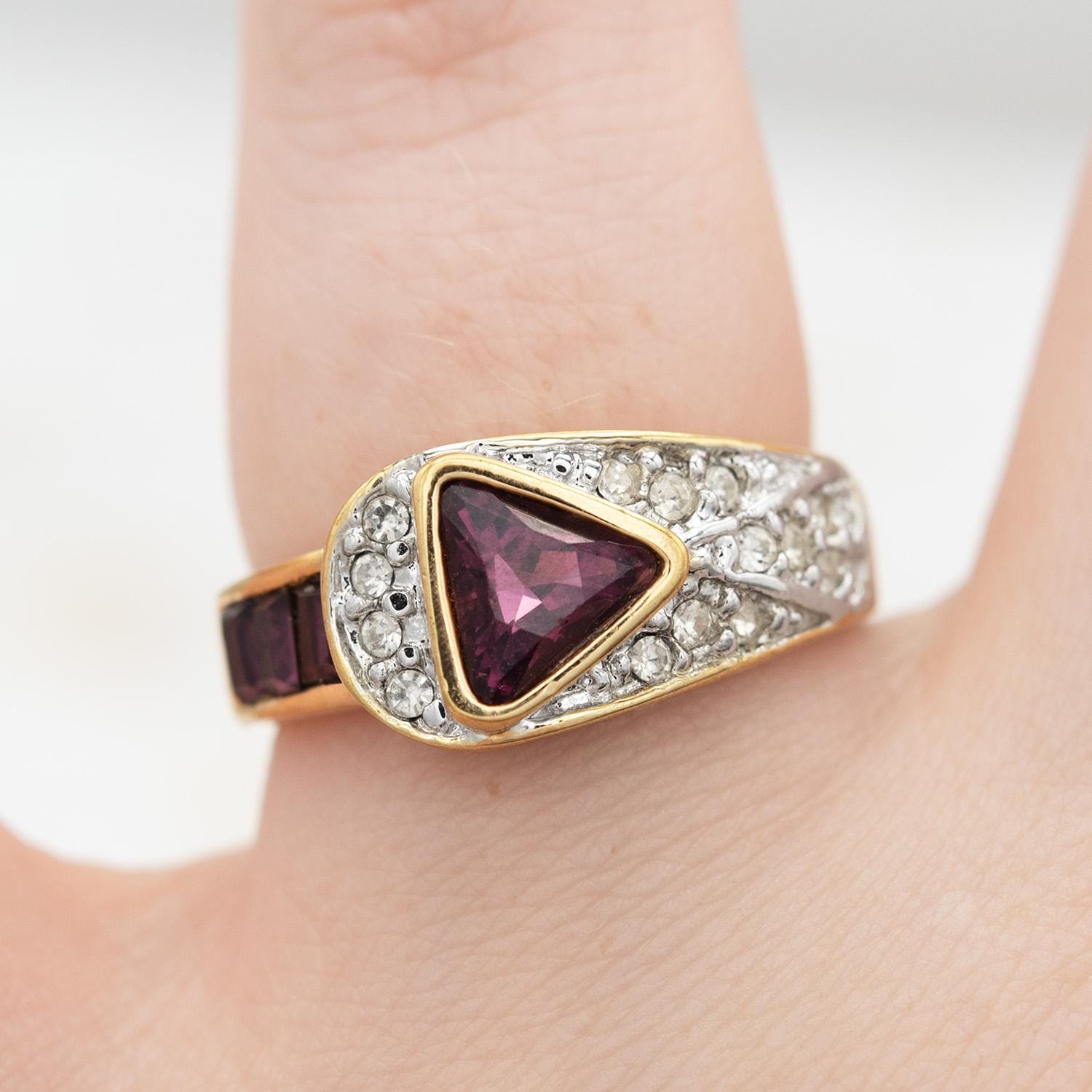 Vintage Amethyst and Clear Crystal Pavé Ring - 18kt HGE Gold Electroplated - Made in USA jewelry image 1
