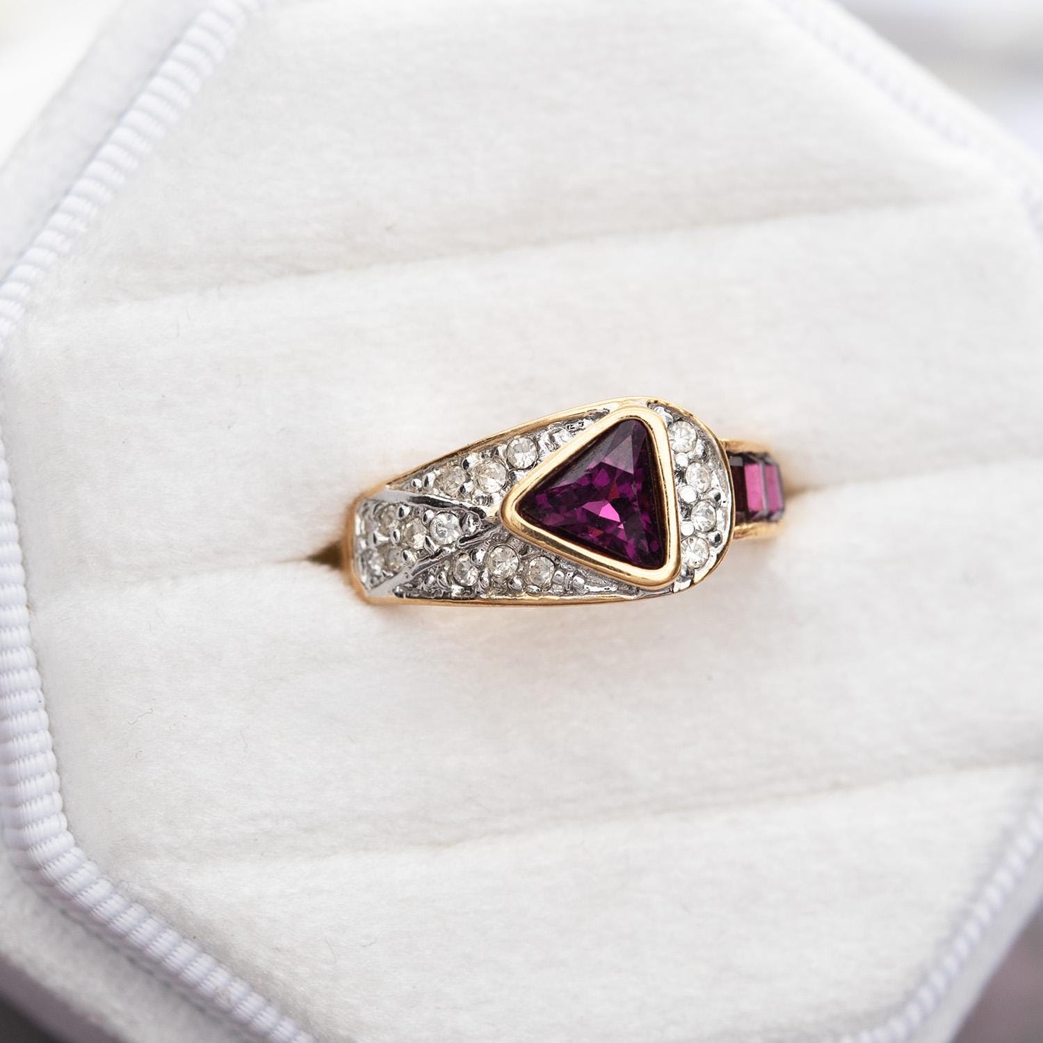 Vintage Amethyst and Clear Crystal Pavé Ring - 18kt HGE Gold Electroplated - Made in USA jewelry image 1