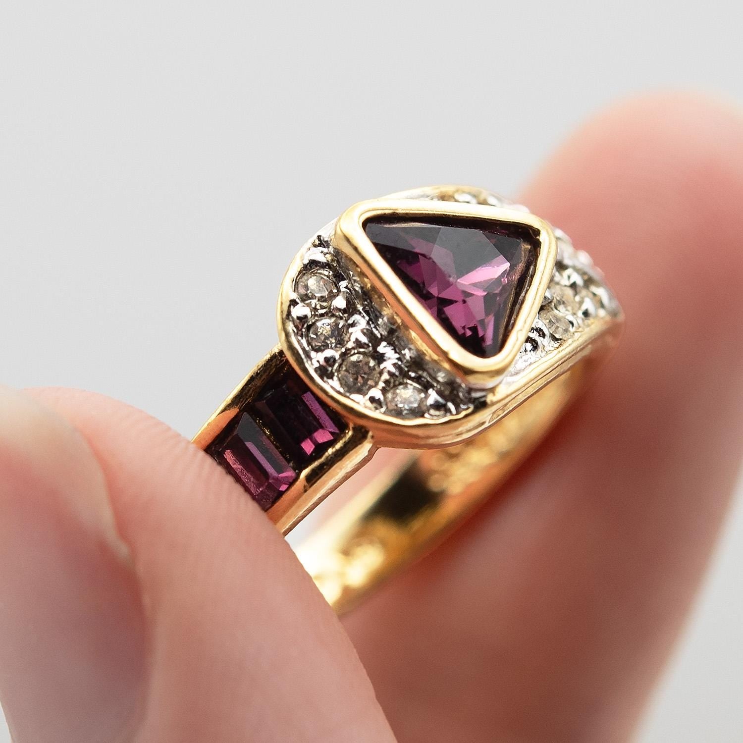 Vintage Amethyst and Clear Crystal Pavé Ring - 18kt HGE Gold Electroplated - Made in USA jewelry image 1