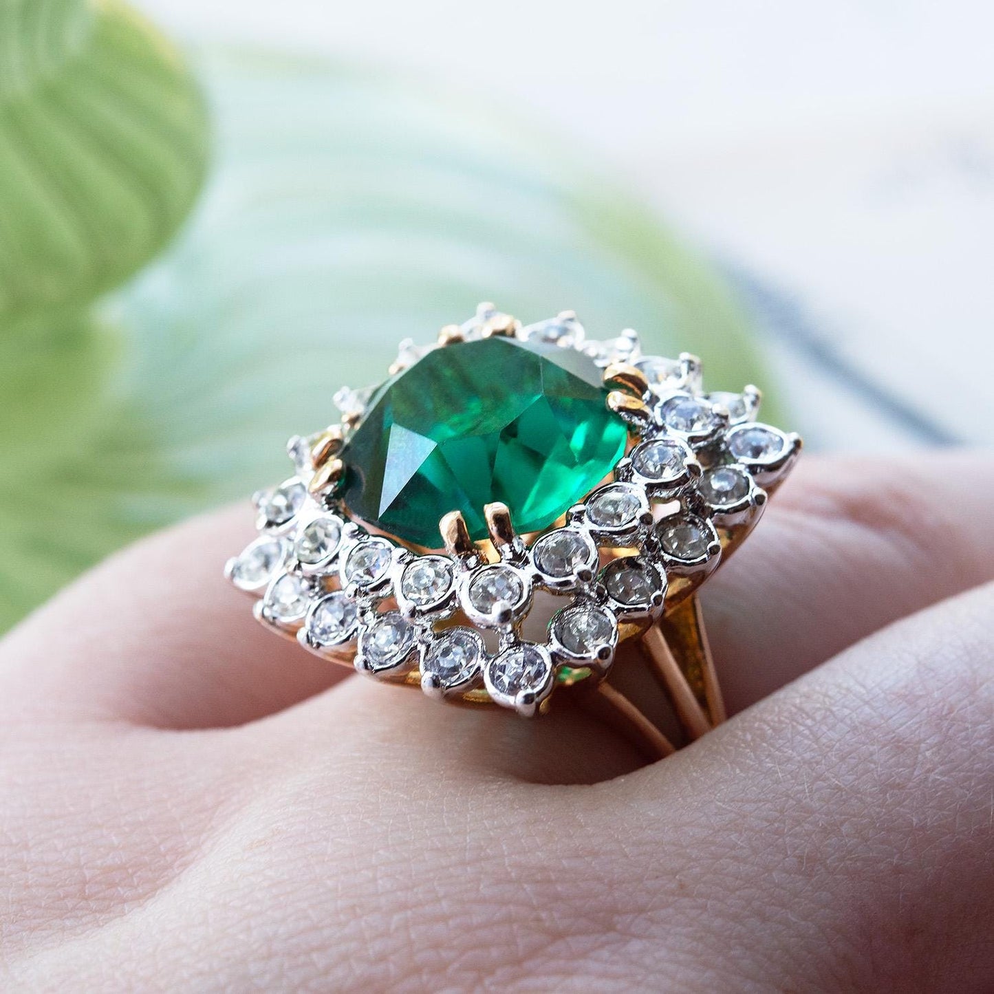Vintage Emerald and Clear Austrian Crystal Cocktail Ring – 18k Yellow Gold Electroplated jewelry image 1