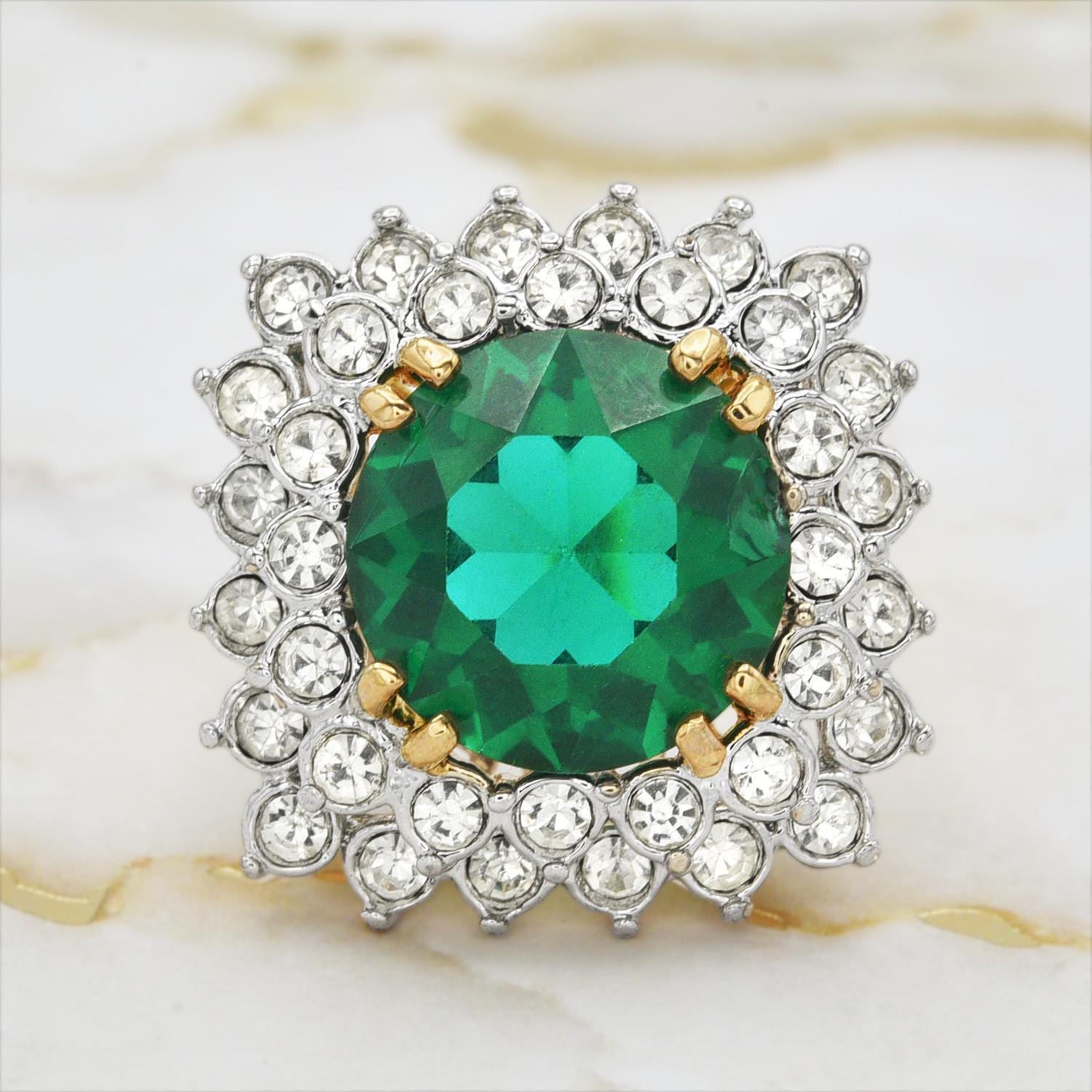 Vintage Emerald and Clear Austrian Crystal Cocktail Ring – 18k Yellow Gold Electroplated jewelry image 1