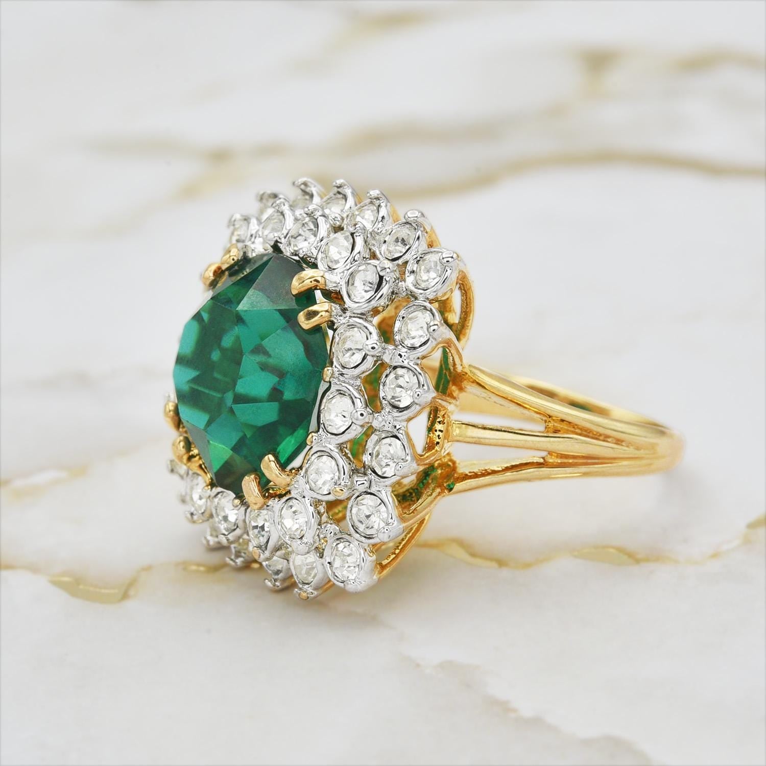 Vintage Emerald and Clear Austrian Crystal Cocktail Ring – 18k Yellow Gold Electroplated jewelry image 1