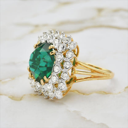 Vintage Emerald and Clear Austrian Crystal Cocktail Ring – 18k Yellow Gold Electroplated jewelry image 1
