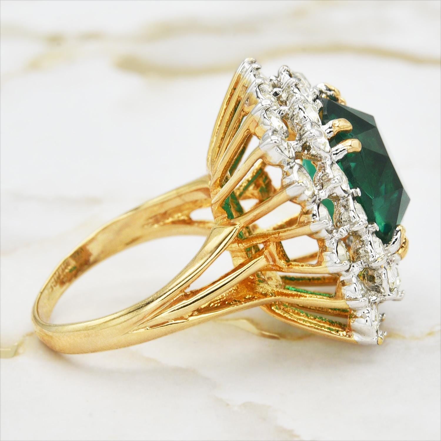 Vintage Emerald and Clear Austrian Crystal Cocktail Ring – 18k Yellow Gold Electroplated jewelry image 1