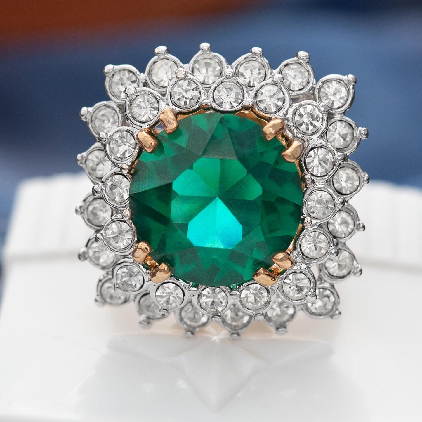 Vintage Emerald and Clear Austrian Crystal Cocktail Ring – 18k Yellow Gold Electroplated jewelry image 1