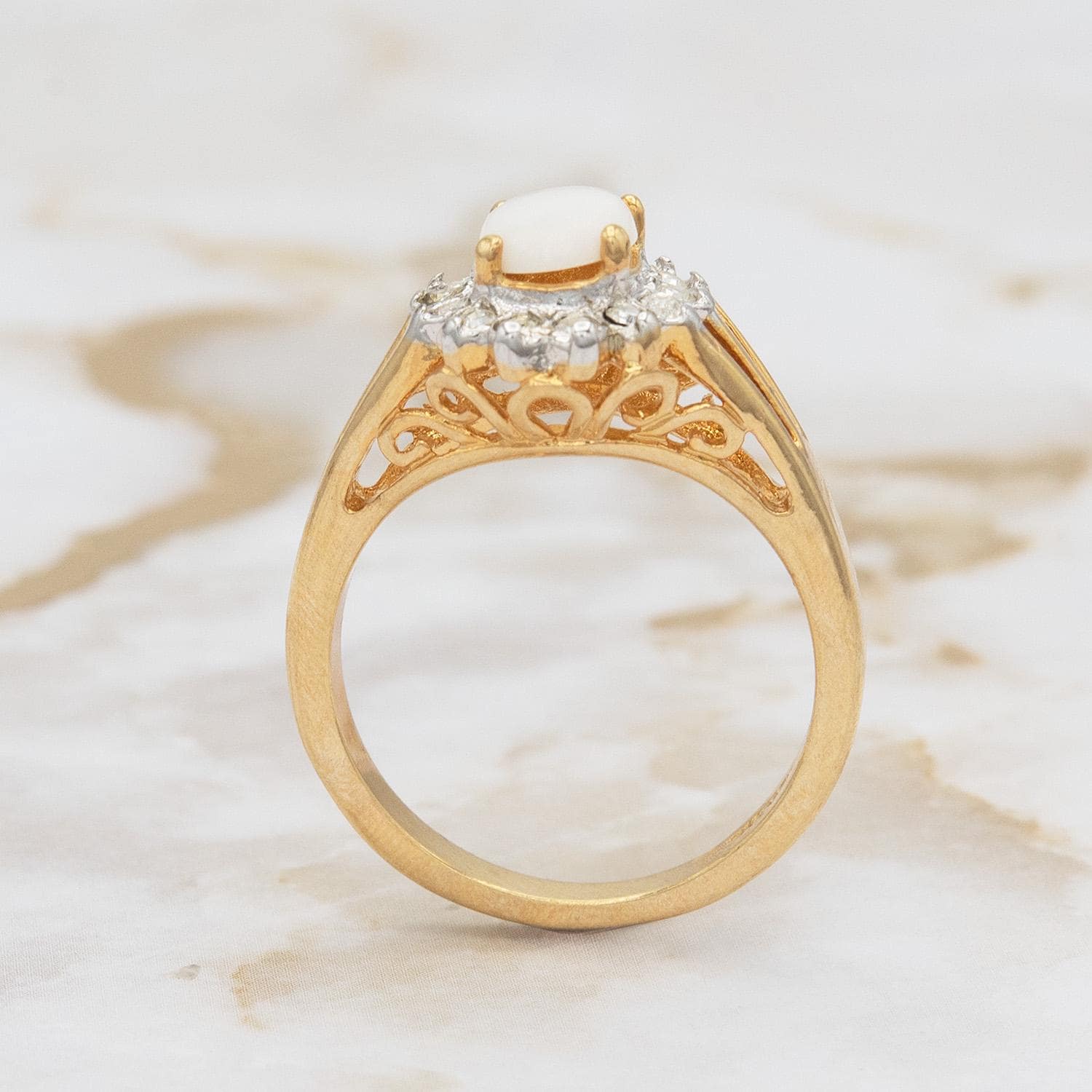 Vintage Pinfire Opal and Clear Austrian Crystal Halo Ring – 18kt HGE Gold Electroplated, Made in USA jewelry image 1