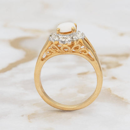 Vintage Pinfire Opal and Clear Austrian Crystal Halo Ring – 18kt HGE Gold Electroplated, Made in USA jewelry image 1