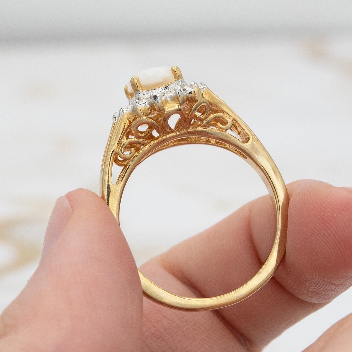 Vintage Pinfire Opal and Clear Austrian Crystal Halo Ring – 18kt HGE Gold Electroplated, Made in USA jewelry image 1