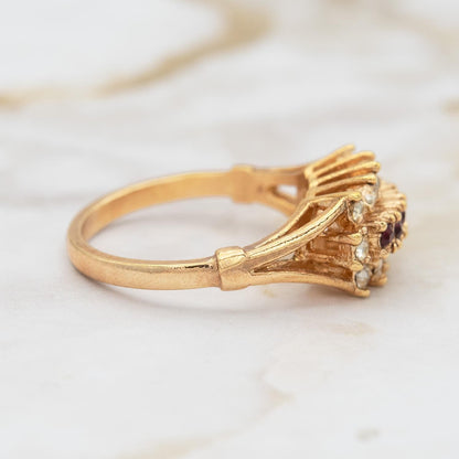 Vintage Austrian Crystal Cocktail Ring – Ruby Red & Clear Crystals – 18k Gold Electroplated jewelry image 1