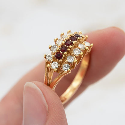 Vintage Austrian Crystal Cocktail Ring – Ruby Red & Clear Crystals – 18k Gold Electroplated jewelry image 1