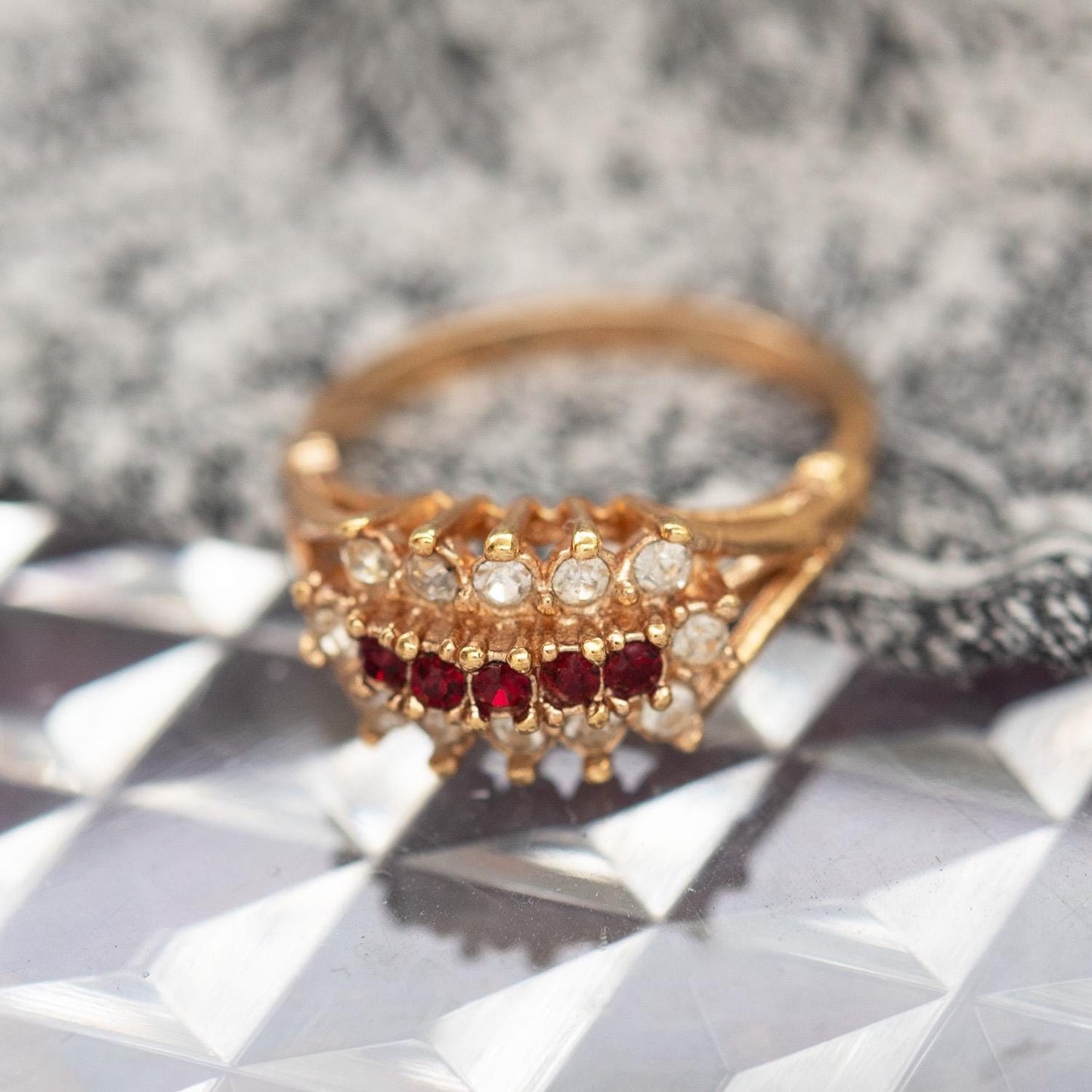 Vintage Austrian Crystal Cocktail Ring – Ruby Red & Clear Crystals – 18k Gold Electroplated jewelry image 1