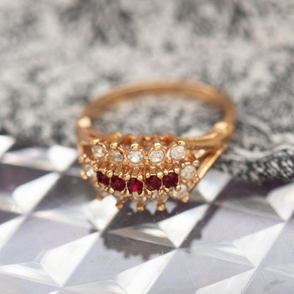 Vintage Austrian Crystal Cocktail Ring – Ruby Red & Clear Crystals – 18k Gold Electroplated jewelry image 1