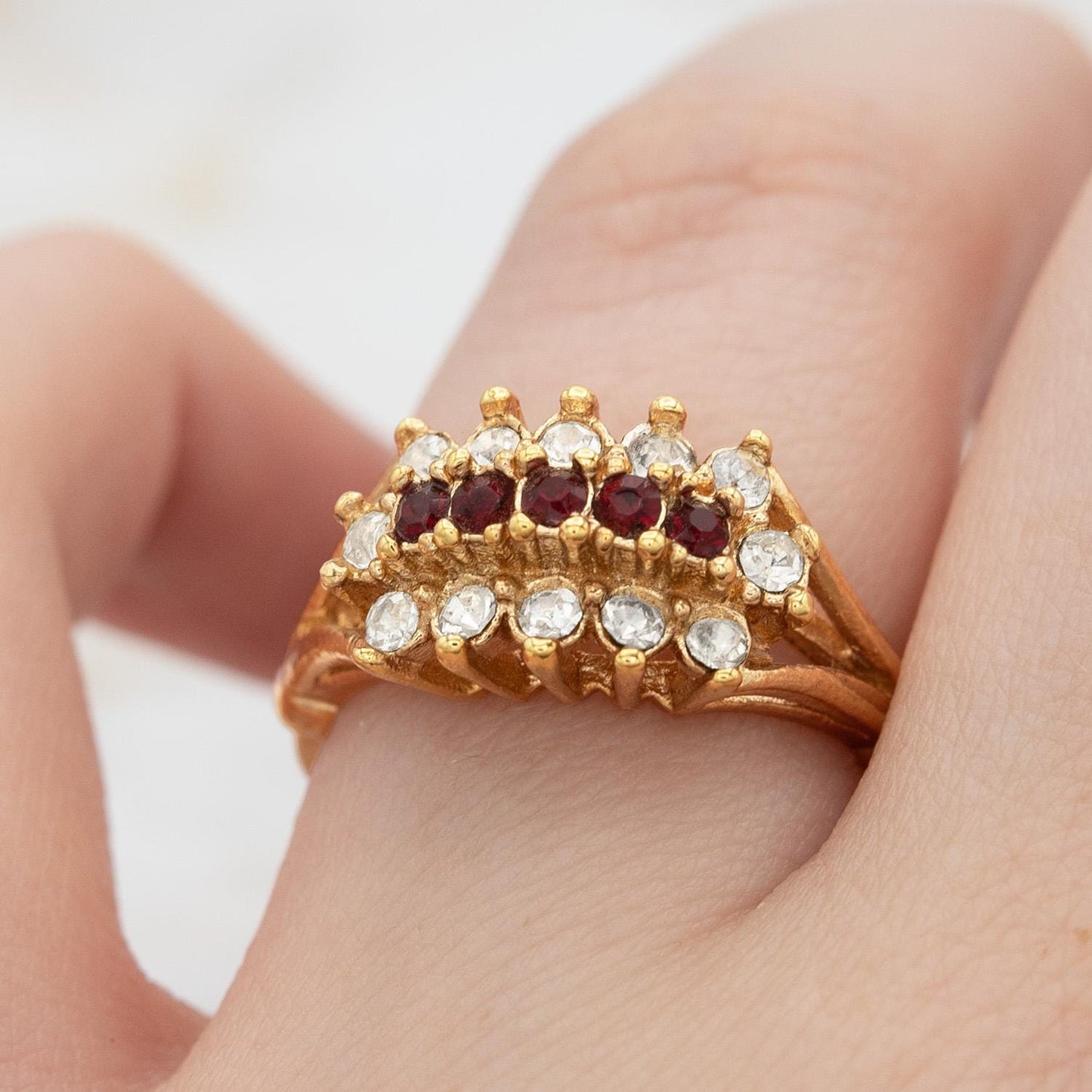 Vintage Austrian Crystal Cocktail Ring – Ruby Red & Clear Crystals – 18k Gold Electroplated jewelry image 1