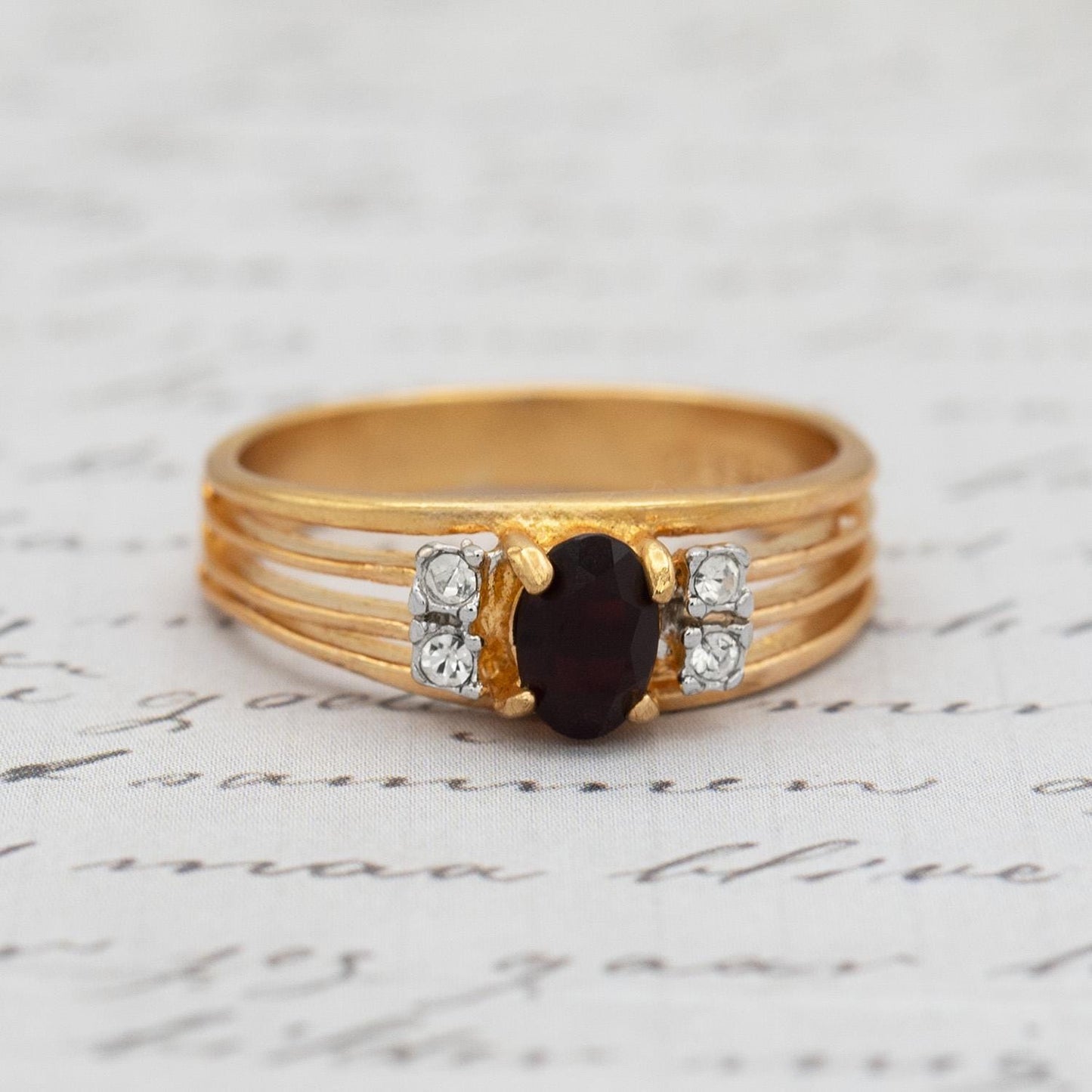 Vintage Garnet CZ and Clear Austrian Crystal Ring - 18kt Gold Electroplated - Made in USA jewelry image 1