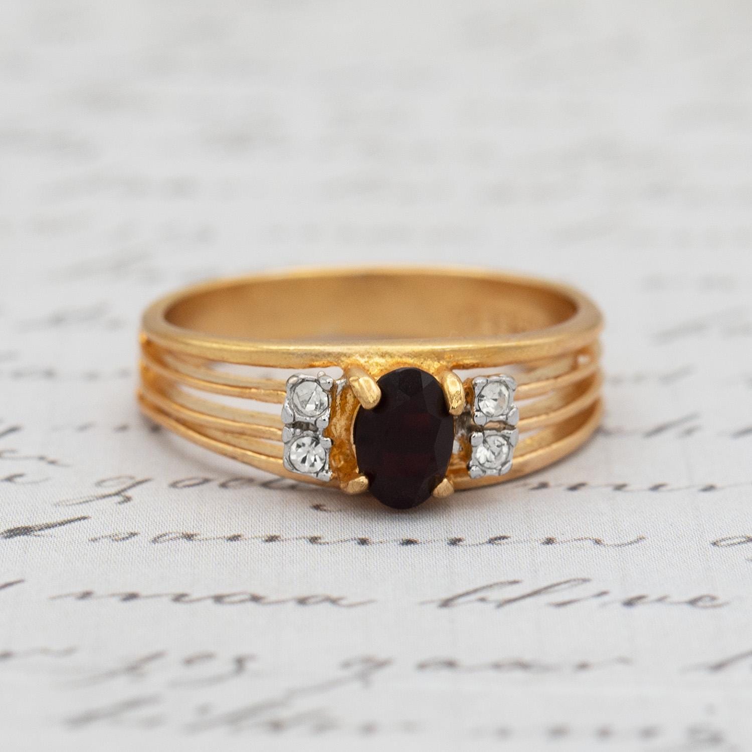 Vintage Garnet CZ and Clear Austrian Crystal Ring - 18kt Gold Electroplated - Made in USA jewelry image 1
