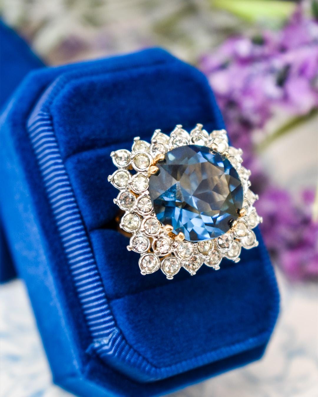 Vintage 1970s Sapphire and Clear Austrian Crystal Cluster Ring - 18k Yellow Gold Plated - Made in USA jewelry image 1