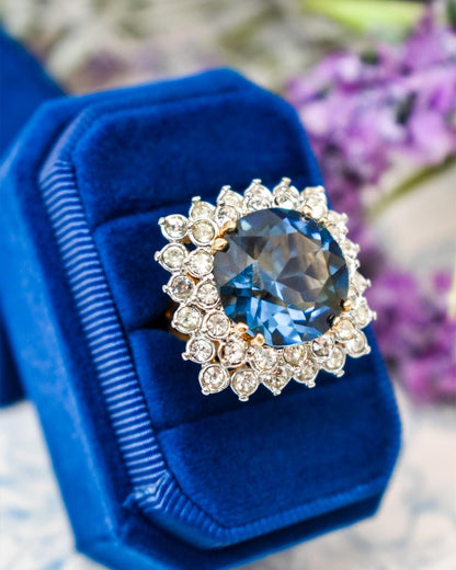 Vintage 1970s Sapphire and Clear Austrian Crystal Cluster Ring - 18k Yellow Gold Plated - Made in USA jewelry image 1