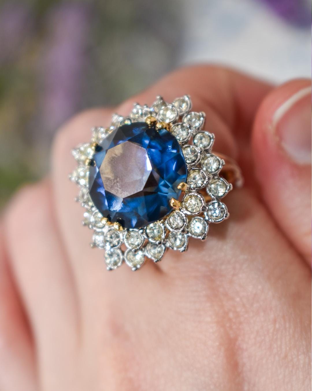 Vintage 1970s Sapphire and Clear Austrian Crystal Cluster Ring - 18k Yellow Gold Plated - Made in USA jewelry image 1