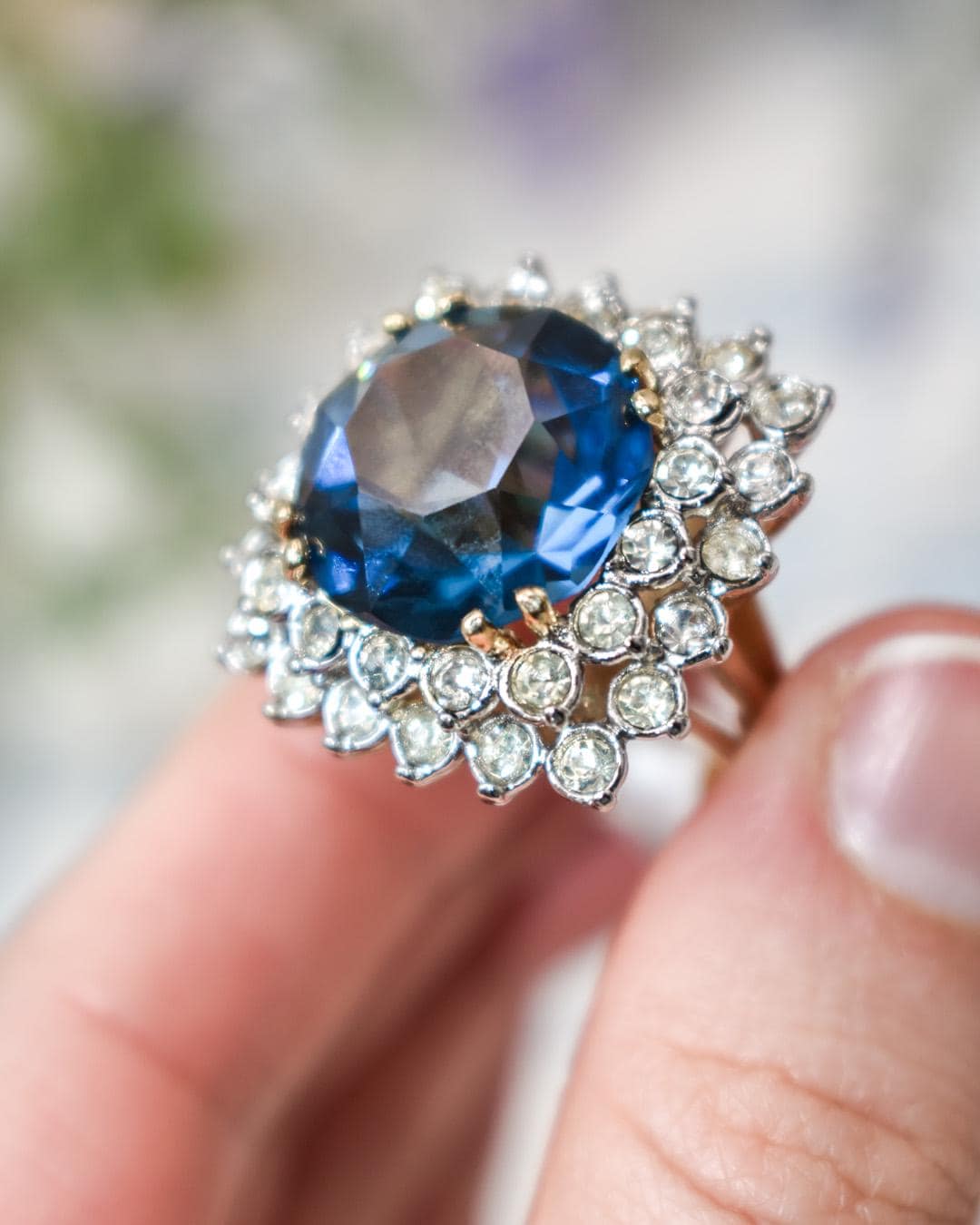 Vintage 1970s Sapphire and Clear Austrian Crystal Cluster Ring - 18k Yellow Gold Plated - Made in USA jewelry image 1