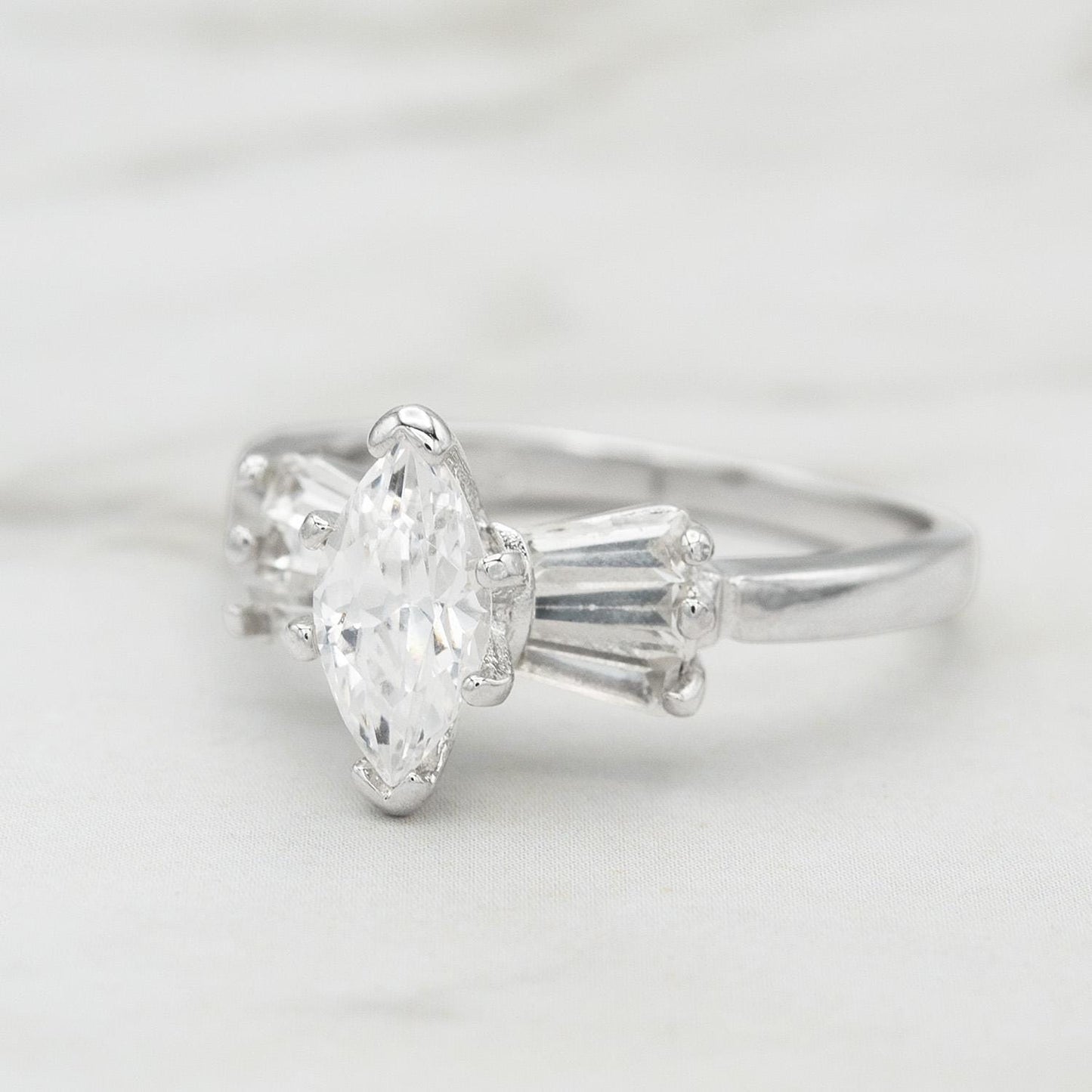 Vintage 1980s 18k White Gold Plated Marquise Cubic Zirconia Engagement Style Ring – Made in USA jewelry image 1