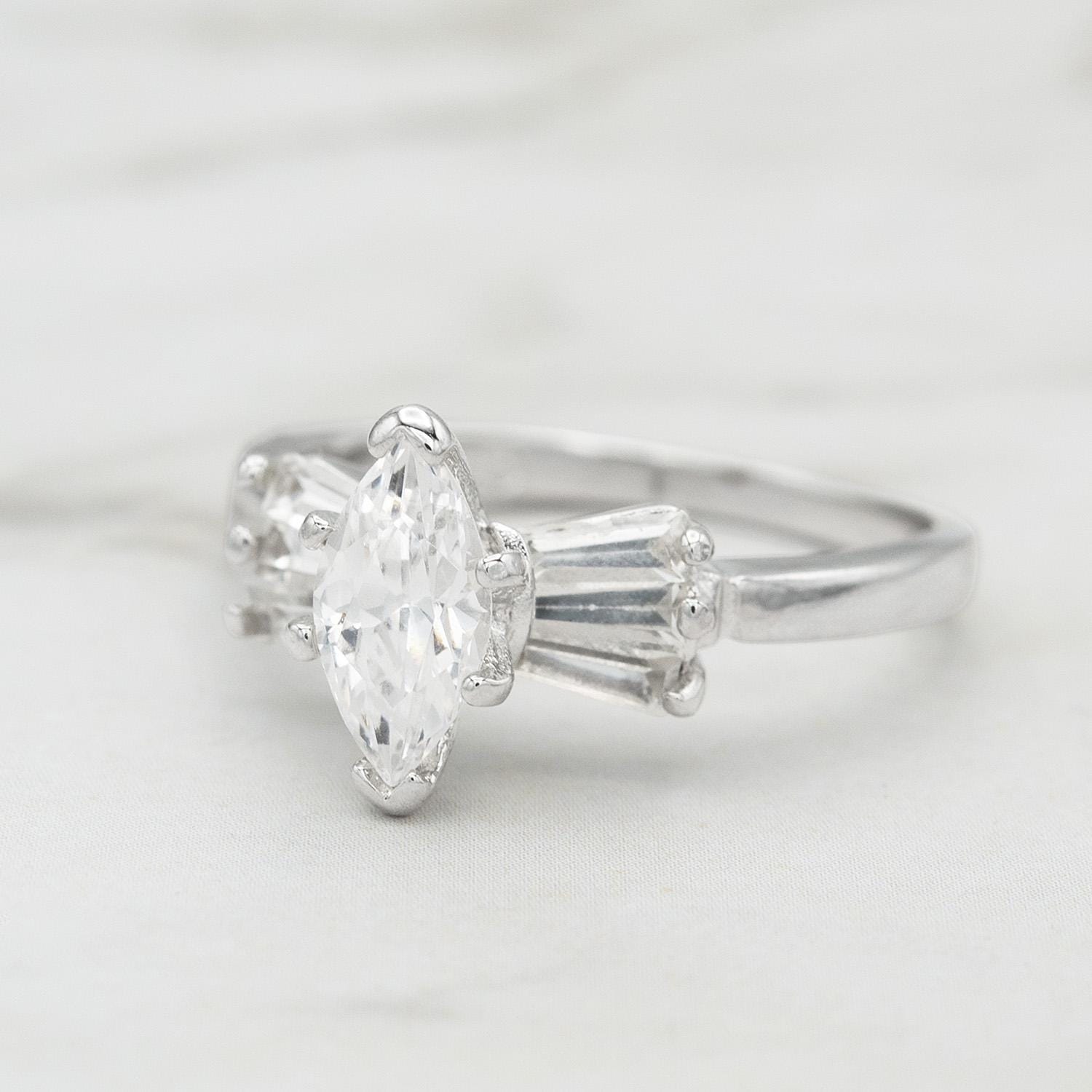 Vintage 1980s 18k White Gold Plated Marquise Cubic Zirconia Engagement Style Ring – Made in USA jewelry image 1