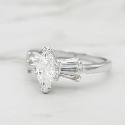 Vintage 1980s 18k White Gold Plated Marquise Cubic Zirconia Engagement Style Ring – Made in USA jewelry image 1