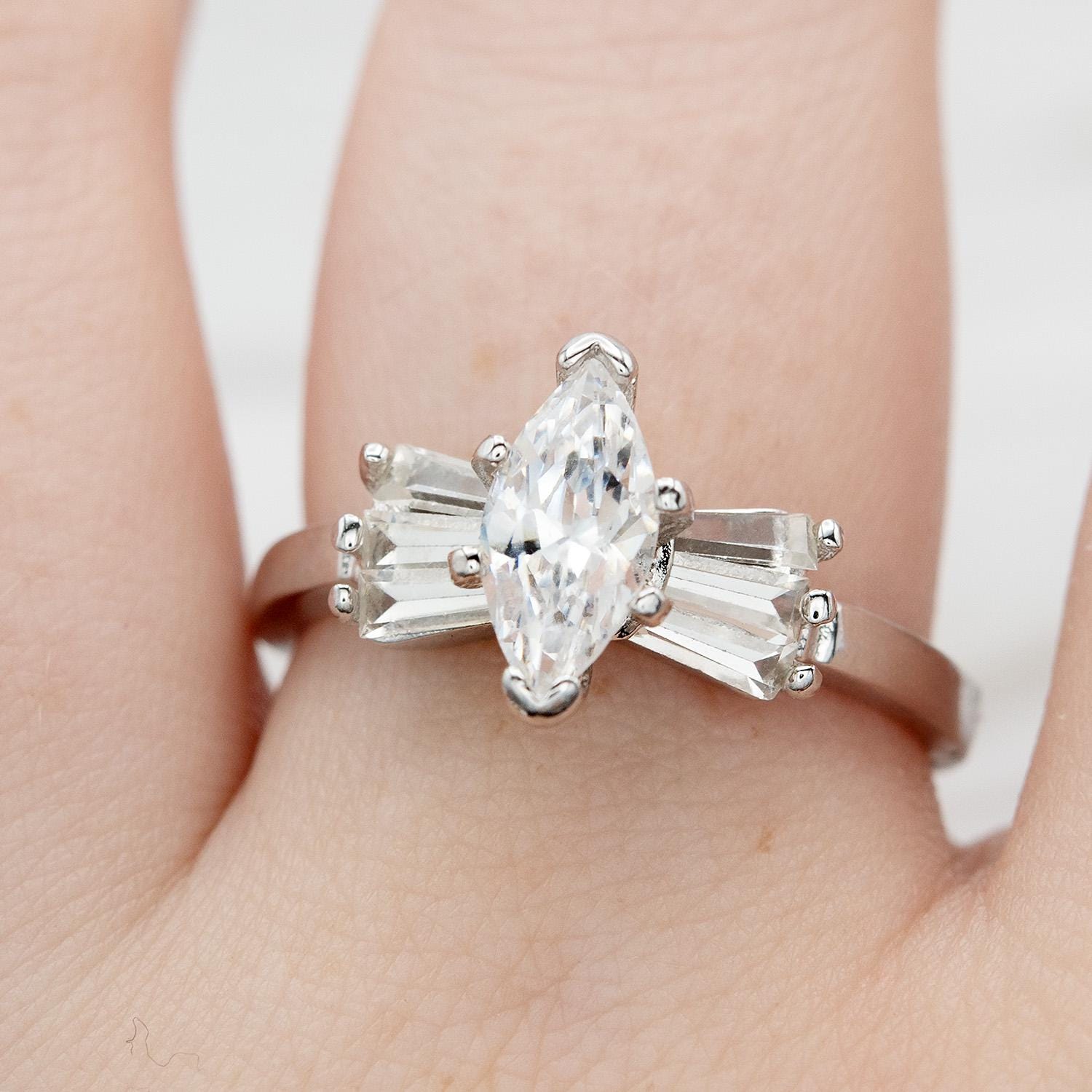 Vintage 1980s 18k White Gold Plated Marquise Cubic Zirconia Engagement Style Ring – Made in USA jewelry image 1