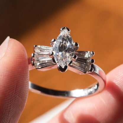 Vintage 1980s 18k White Gold Plated Marquise Cubic Zirconia Engagement Style Ring – Made in USA jewelry image 1