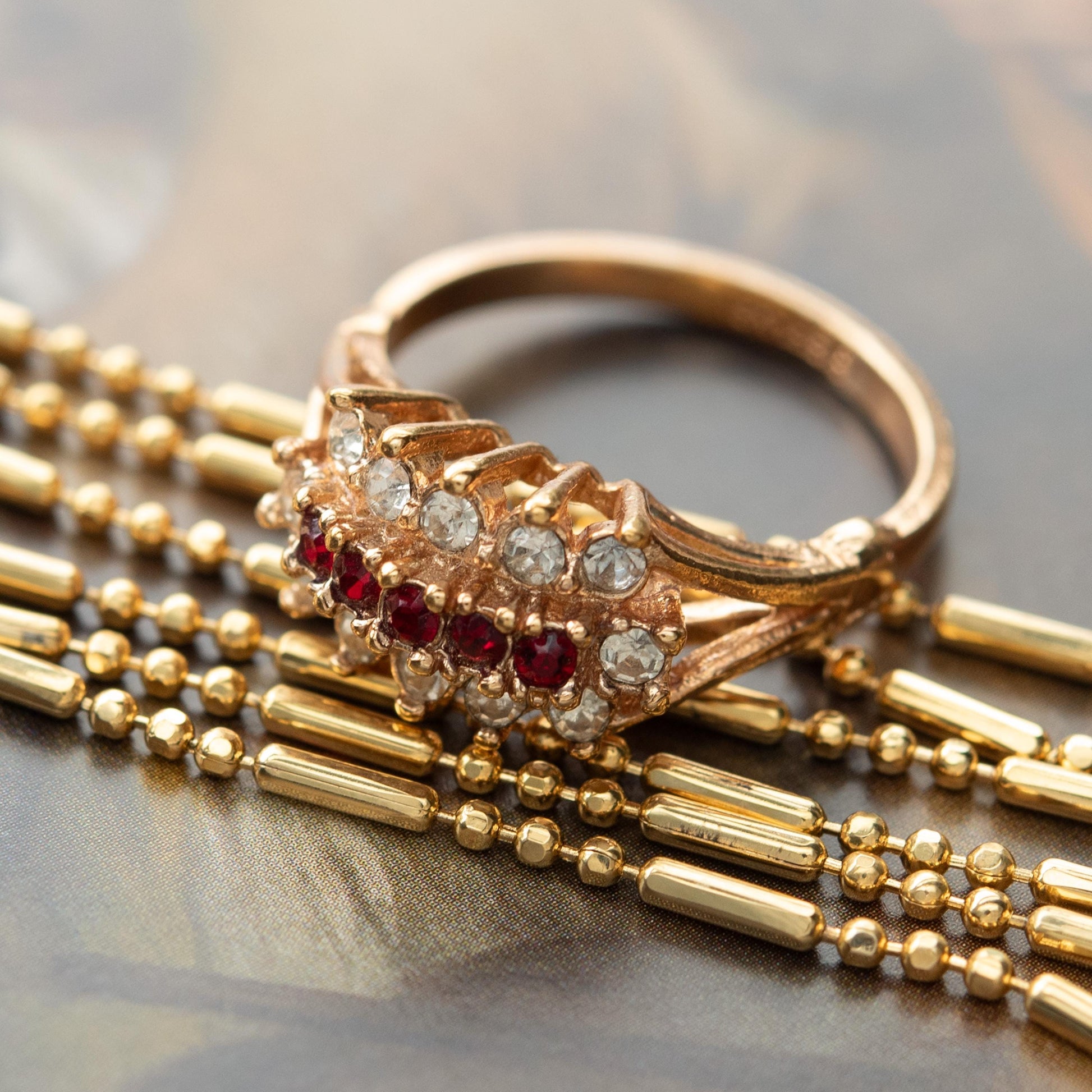 Vintage Austrian Crystal Cocktail Ring – Ruby Red & Clear Crystals – 18k Gold Electroplated jewelry image 1