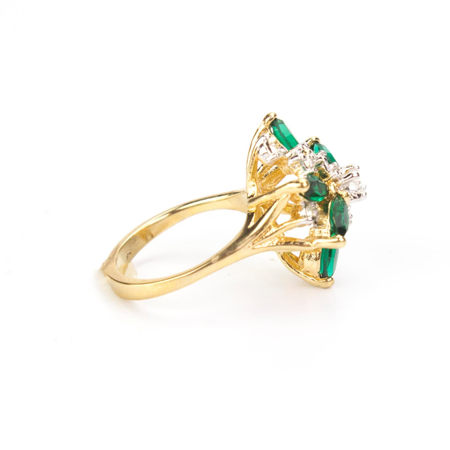 Vintage Emerald Green and Clear Austrian Crystal Cluster Ring - 18k HGE Yellow Gold jewelry image 1