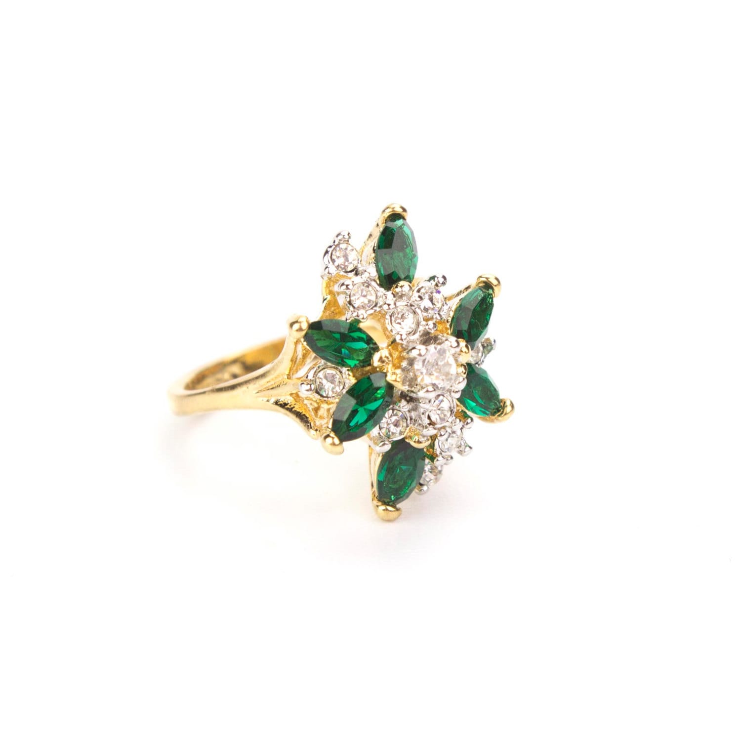 Vintage Emerald Green and Clear Austrian Crystal Cluster Ring - 18k HGE Yellow Gold jewelry image 1