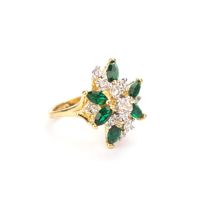 Vintage Emerald Green and Clear Austrian Crystal Cluster Ring - 18k HGE Yellow Gold jewelry image 1