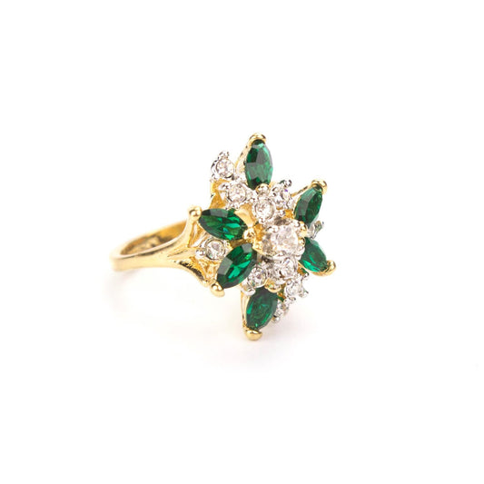 Vintage Emerald Green and Clear Austrian Crystal Cluster Ring - 18k HGE Yellow Gold jewelry image 1