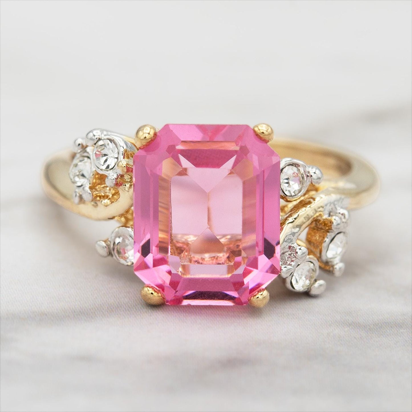 Vintage 1980s Austrian Crystal Pink Tourmaline Color Emerald Cut Ring – 18k Gold Electroplated jewelry image 1