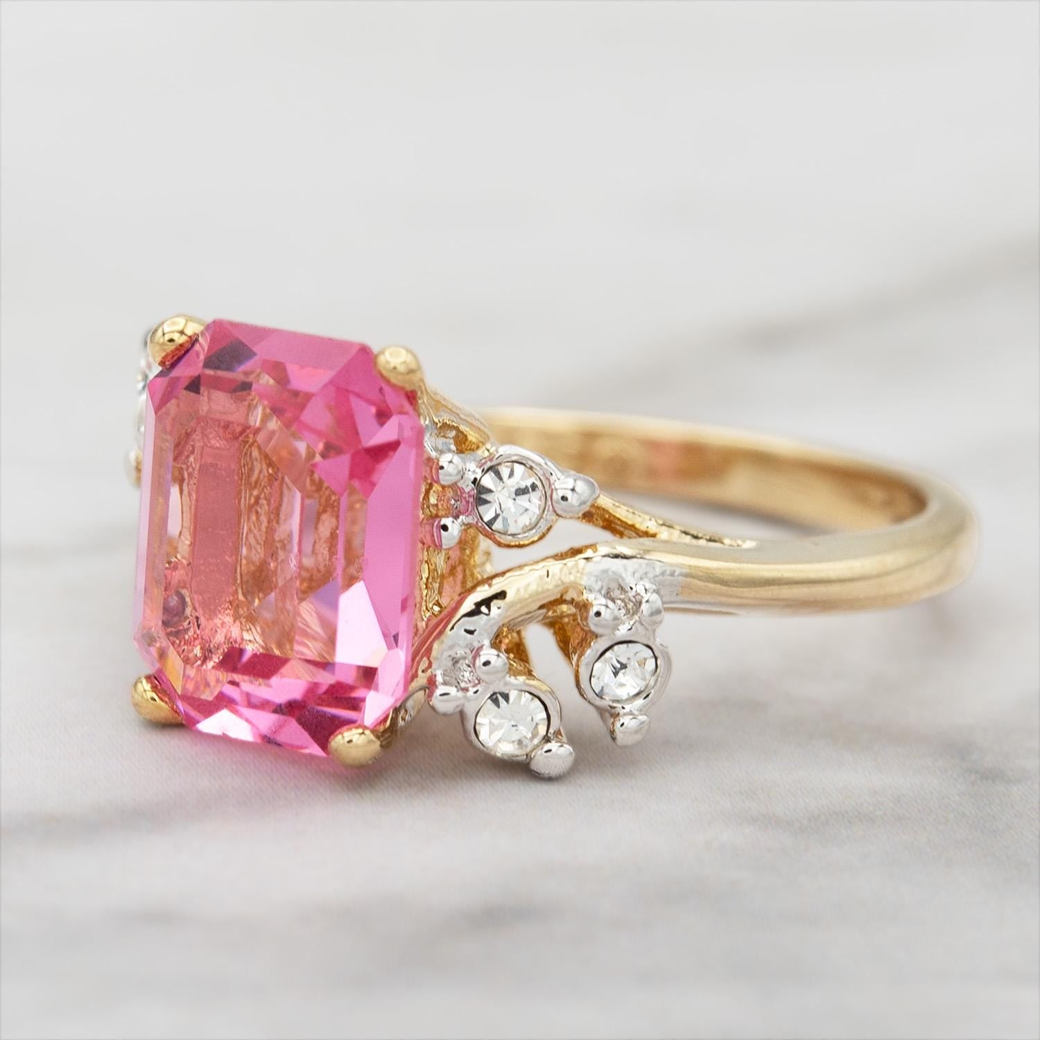 Vintage 1980s Austrian Crystal Pink Tourmaline Color Emerald Cut Ring – 18k Gold Electroplated jewelry image 1