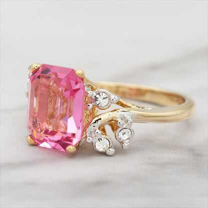Vintage 1980s Austrian Crystal Pink Tourmaline Color Emerald Cut Ring – 18k Gold Electroplated jewelry image 1